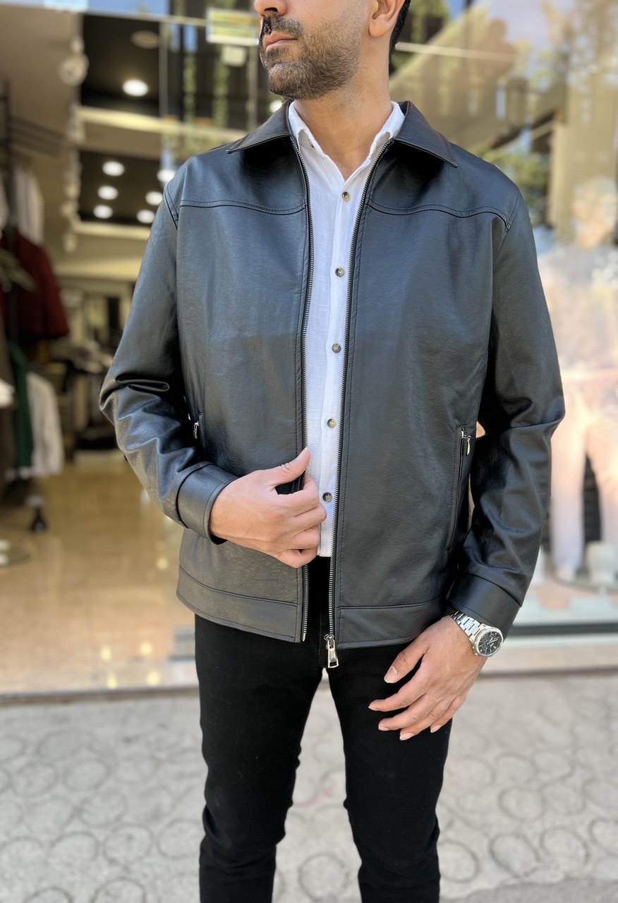 کاپشن چرم مردانه مدل یقه دار