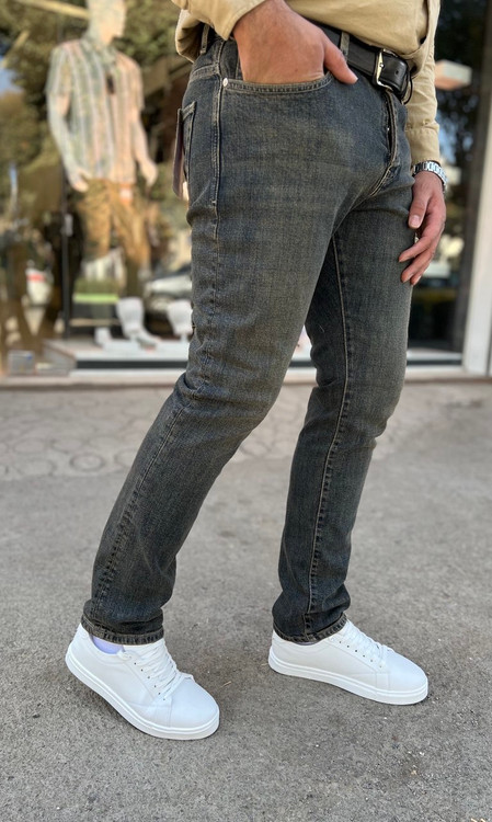 شلوار جین مردانه اسپرت مدل Mini رنگ سرمهای کرم از پارچه لی کشی کجراه