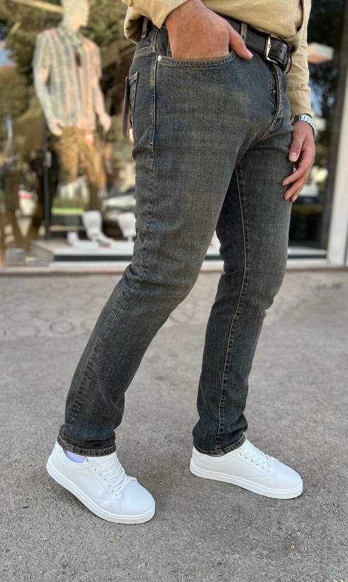 شلوار جین مردانه اسپرت مدل Mini رنگ سرمهای کرم از پارچه لی کشی کجراه