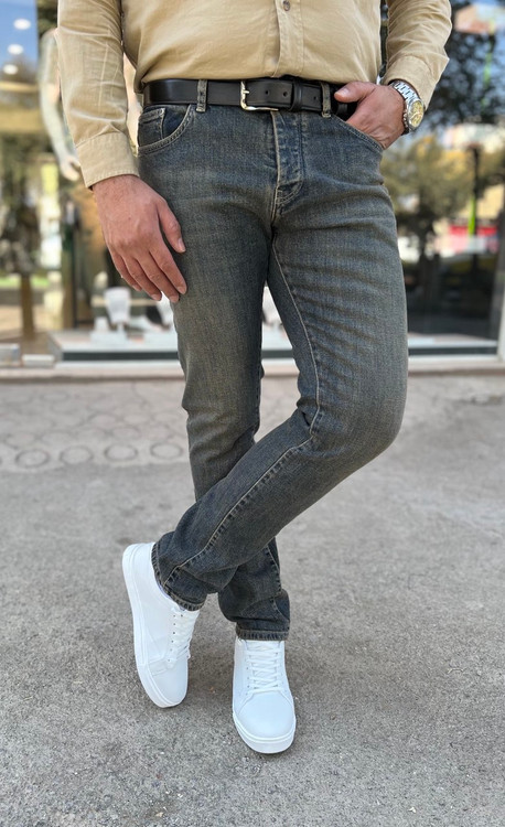 شلوار جین مردانه اسپرت مدل Mini رنگ سرمهای کرم از پارچه لی کشی کجراه