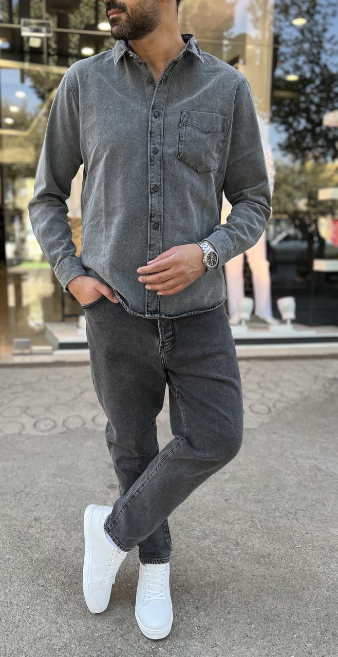 پیراهن جین ضخیم پاییزی خاکستری مردانه با پارچه ترک و طراحی تک‌جیب