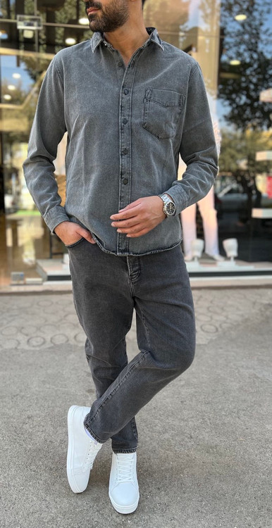 پیراهن جین ضخیم پاییزی خاکستری مردانه با پارچه ترک و طراحی تکجیب