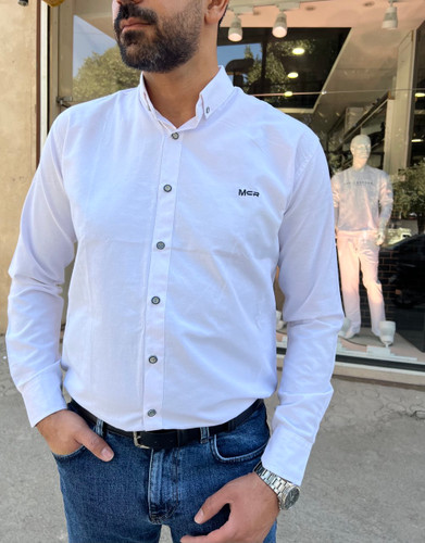 پیراهن سفید مردانه مدل اسلیم فیت با پارچه نخی