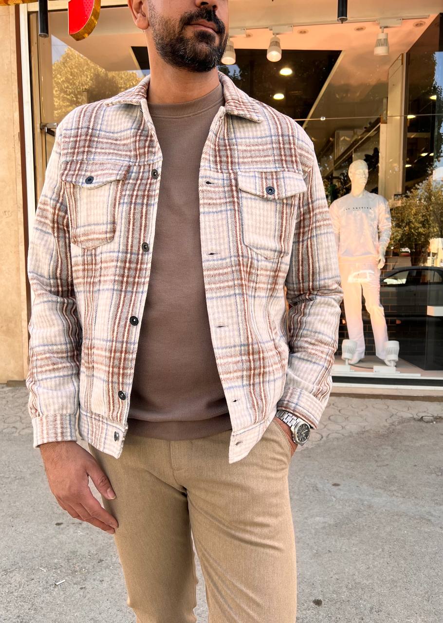 کت پشمی چهارخانه پاییزی مردانه زارا – رنگ استخوانی با خطوط قهوه‌ای و آبی