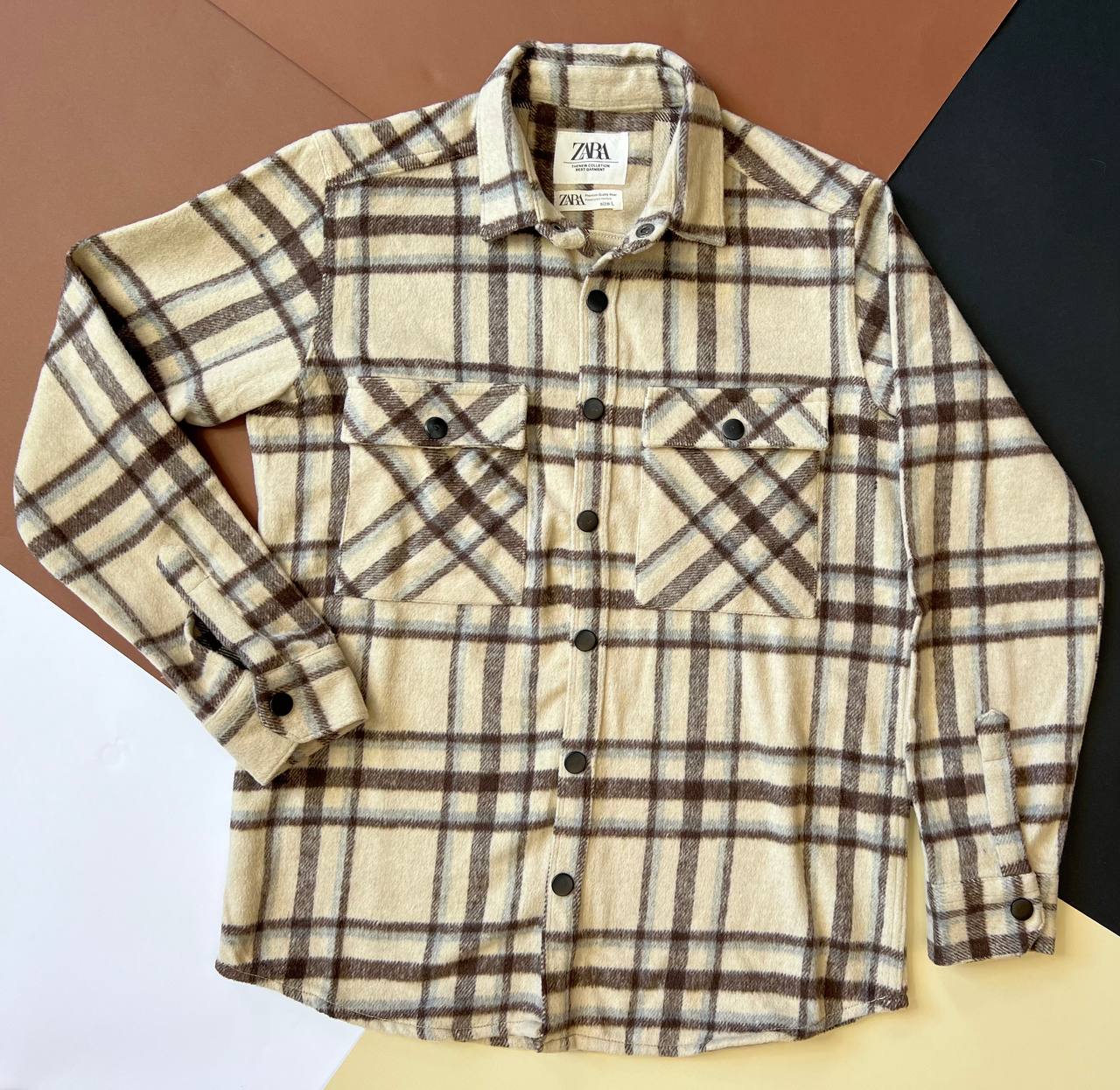 شکت پشمی چهارخانه مردانه مدل کرم قهوه‌ای (پیراهن ضخیم زمستانی Flannel Shirt)