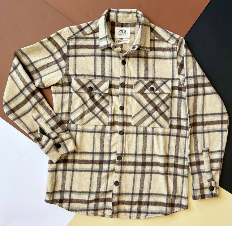 شکت پشمی چهارخانه مردانه مدل کرم قهوهای (پیراهن ضخیم زمستانی Flannel Shirt)