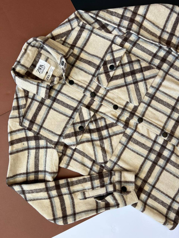 شکت پشمی چهارخانه مردانه مدل کرم قهوهای (پیراهن ضخیم زمستانی Flannel Shirt)