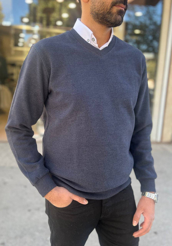 بلوز مردانه سلانیک یقههفت در رنگ سرمهای – مناسب فصل پاییز و زمستان