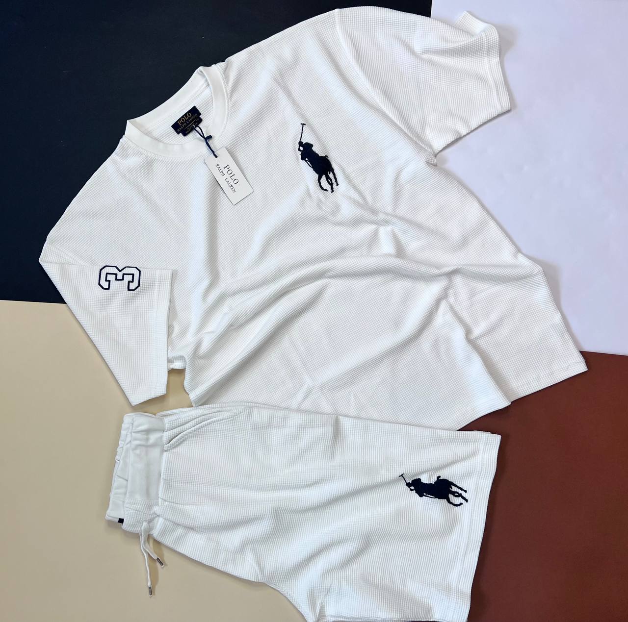 ست تیشرت و شلوار پنبه‌ای مردانه پولو Polo سفید با لوگوی سوارکار