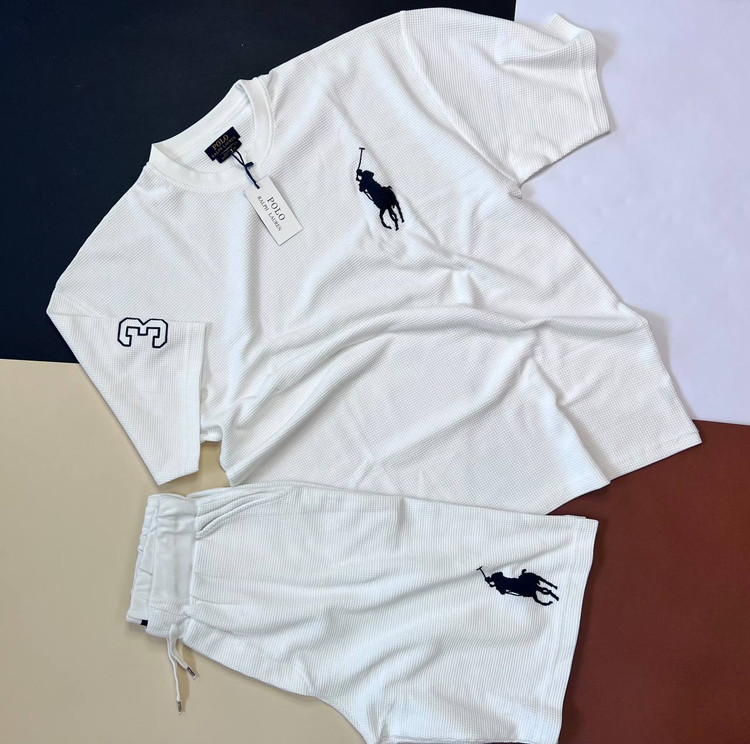 ست تیشرت و شلوار پنبهای مردانه پولو Polo سفید با لوگوی سوارکار