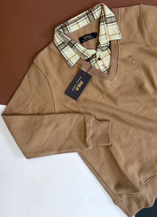 پلیور مردانه سلانیک قهوهای شتری یقه پیراهنی دو یقه