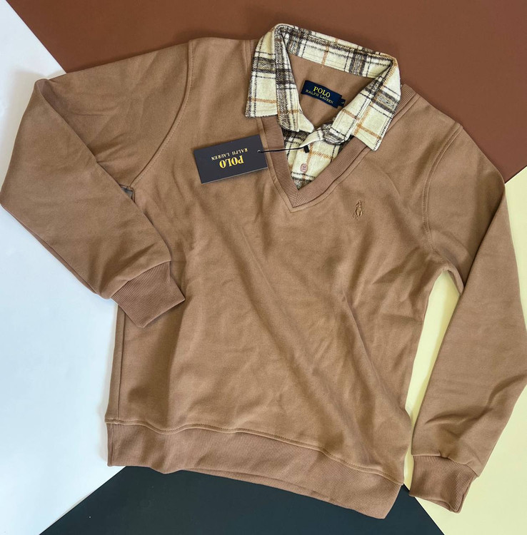 پلیور مردانه سلانیک قهوهای شتری یقه پیراهنی دو یقه