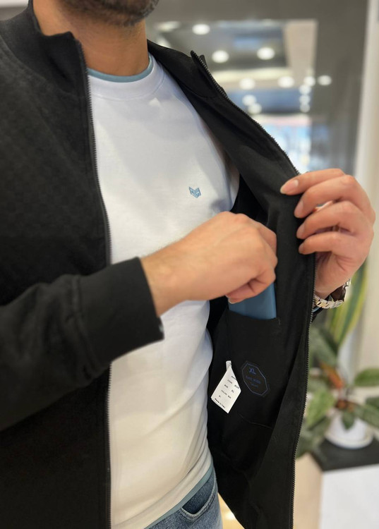 سویشرت مردانه ژاکارد مشکی زیپدار یقه ایستاده آسترکشی