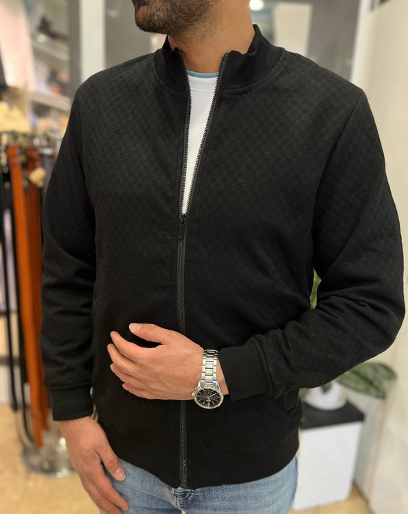 سویشرت مردانه ژاکارد مشکی زیپدار یقه ایستاده آسترکشی