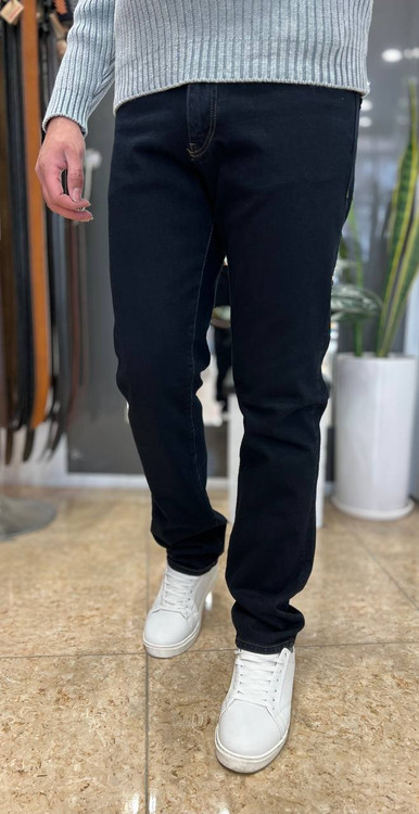 شلوار جین مردانه سرمهای تیره مدل راسته mini کشی با پارچه دنیم مقاوم