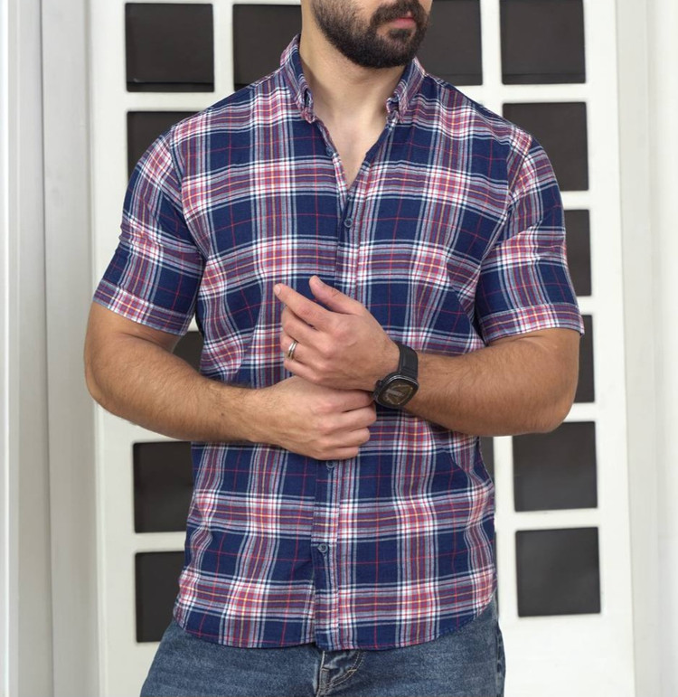 پیراهن مردانه چهارخانه آستین کوتاه مدل کلاسیک تابستانه (سرمهای و قرمز)