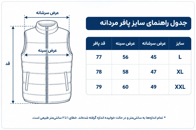 جدول راهنمای سایز جلیقه پافر مردانه ام سی آر رنگ شرابی، جلیقه زمستانی بدون آستین با آستر خز