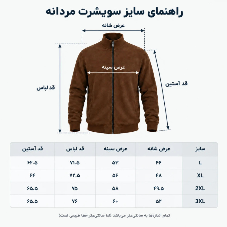 جدول راهنمای سایز سویشرت سلانیک مردانه یقهدار SAM/MAN